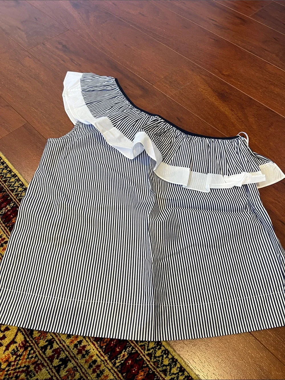 J. Crew Striped One-Shoulder Ruffle Top in Navy and White